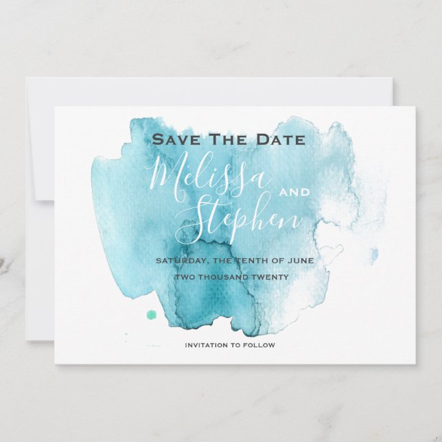 Sea Blue Watercolor Beach Hochzeit Save the Date (Vorderseite)