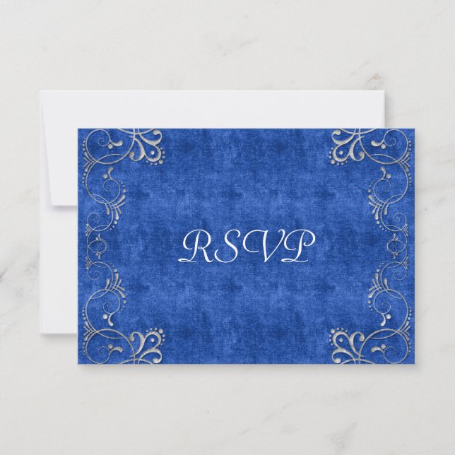 Sea Blue & White Velvet Deko Diamond Wedding RSVP Karte (Vorderseite)