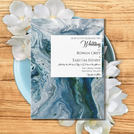 Sea Blues Alcohol Ink Paint Elegant Wedding  Einladung