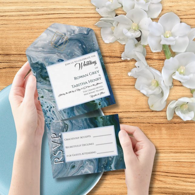 Sea Blues Alcohol Ink Wedding Invitation Elegance All In One Einladung (Von Creator hochgeladen)