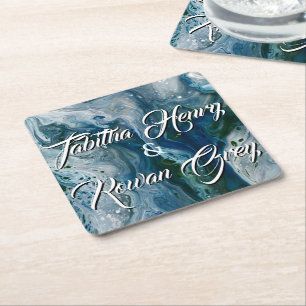 Sea Blues Alcohol-Tinte-Malerei Elegante Hochzeit Rechteckiger Pappuntersetzer
