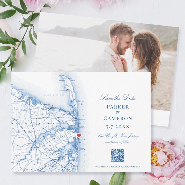 Sea Bright New Jersey Elegante Karte QR (These Sea Bright New Jersey save the dates have a QR code for your wedding website and your photo)