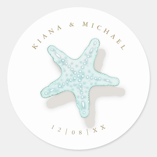 Sea Foam Beach Wedding Starfish ID837 Runder Aufkleber (Vorderseite)