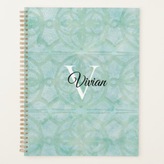 Sea Foam Green Batik Monogram Name Planner Planer
