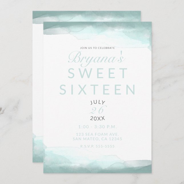 Sea Foam Green Watercolor Moderner Chic Sweet 16 Einladung (Vorne/Hinten)