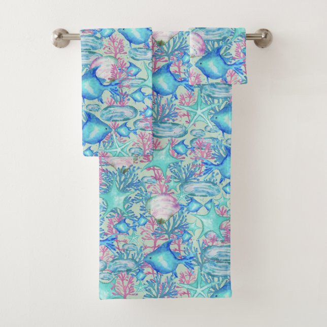 Sea Garden Blue Fish School Custom Color Badhandtuch Set (Insitu)