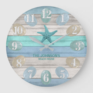 Sea Glass and Beach Wood Nautical - Blue Aquamarin Große Wanduhr