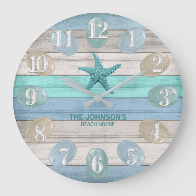 Sea Glass and Beach Wood Nautical - Blue Aquamarin Große Wanduhr (Vorderseite)