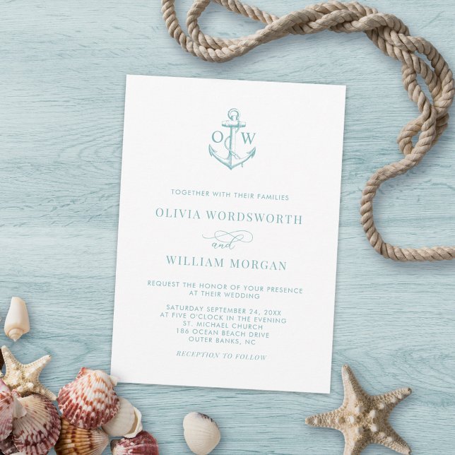 Sea Glass Blue Nautical Anchor Monogram Wedding Einladung (Von Creator hochgeladen)