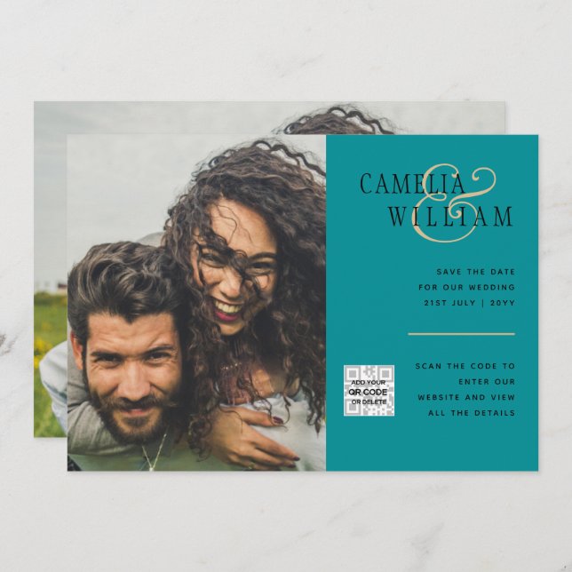 Sea Glass Foto Wedding Invite QR Code Rett Datum Einladung (Vorne/Hinten)