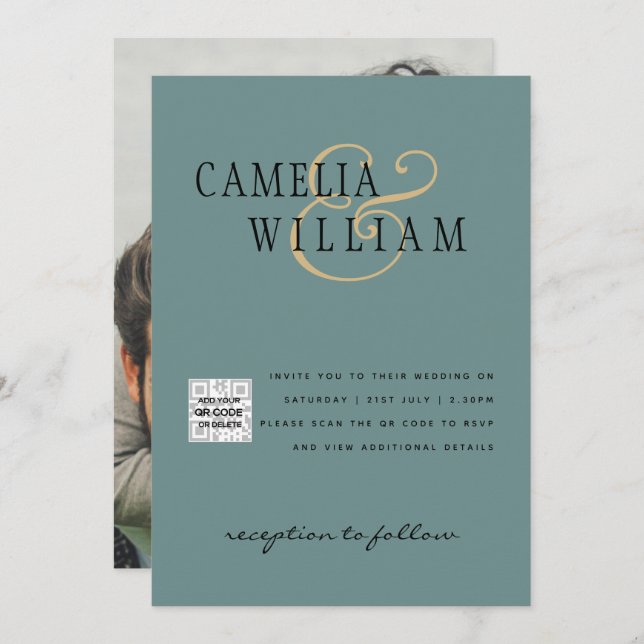 Sea Glass Foto Wedding Invite QR Code Rett Datum Einladung (Vorne/Hinten)