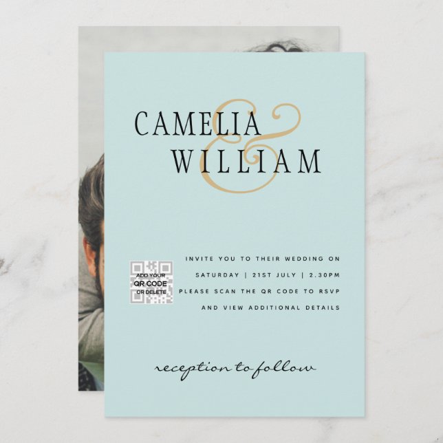 Sea Glass Foto Wedding Invite QR Code Rett Datum Einladung (Vorne/Hinten)