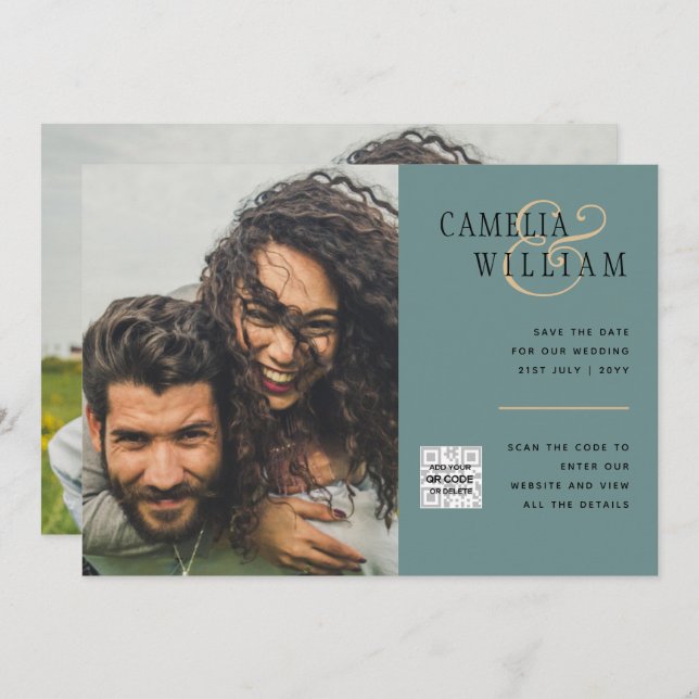 Sea Glass Foto Wedding Invite QR Code Rett Datum Einladung (Vorne/Hinten)
