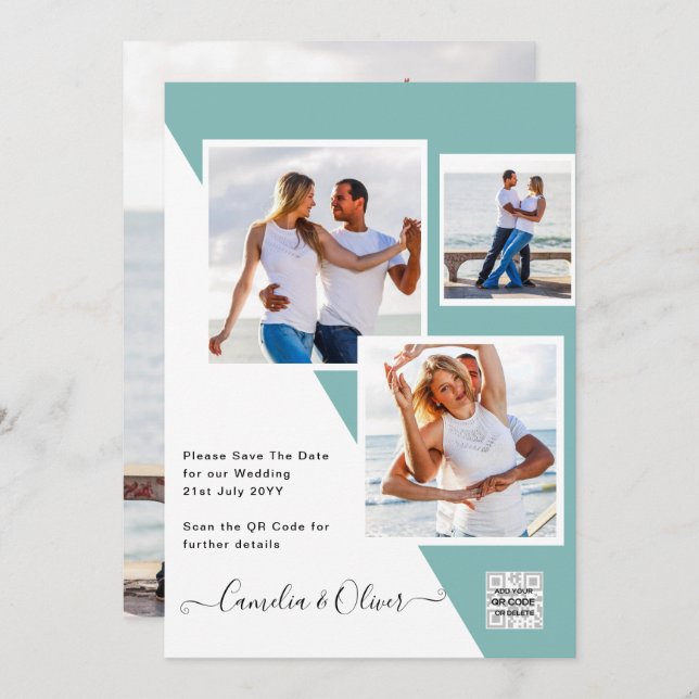 Sea Glass Foto Wedding Invite QR Code Rett Datum Einladung (Vorne/Hinten)