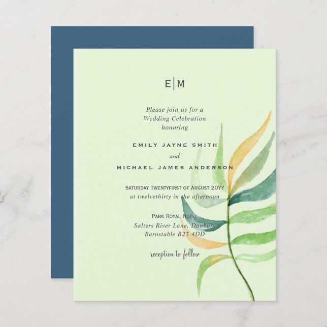 Sea Glass Green Blue Tropical Leaf Hochzeit (Vorne/Hinten)