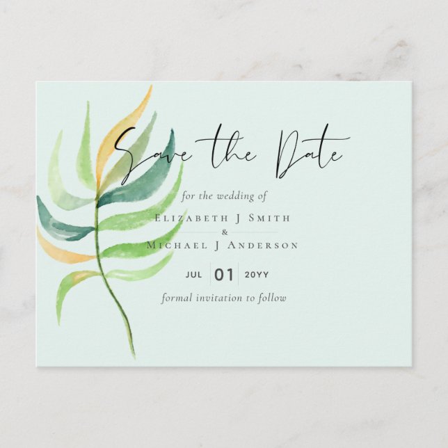 Sea Glass Green Blue Tropical Leaf Hochzeit Postkarte (Vorderseite)