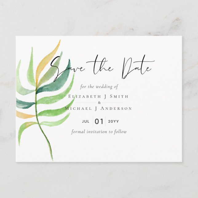 Sea Glass Green Blue Tropical Leaf Hochzeit Postkarte (Vorderseite)