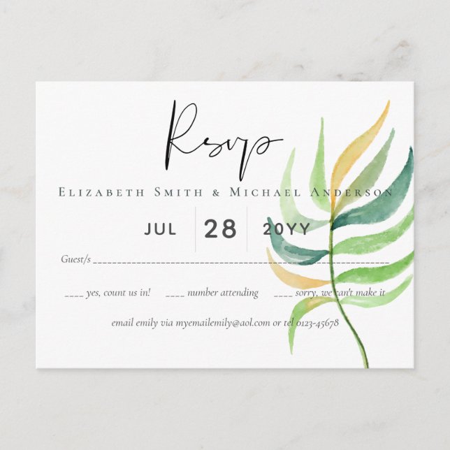 Sea Glass Green Blue Tropical Leaf Hochzeit Postkarte (Vorderseite)