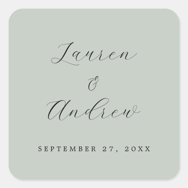 Sea Glass Green Elegante Moderne Einfache Hochzeit Quadratischer Aufkleber (Vorderseite)