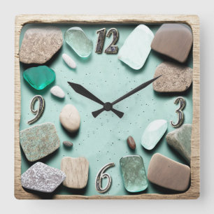 Sea Glass Ocean Stones Driftwood Quadratische Wanduhr