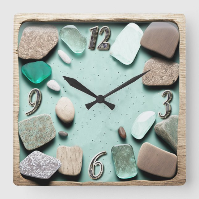 Sea Glass Ocean Stones Driftwood Quadratische Wanduhr (Vorderseite)