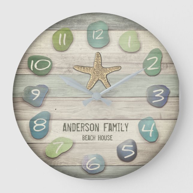 Sea Glass Starfish Driftwood Ocean Große Wanduhr (Vorderseite)