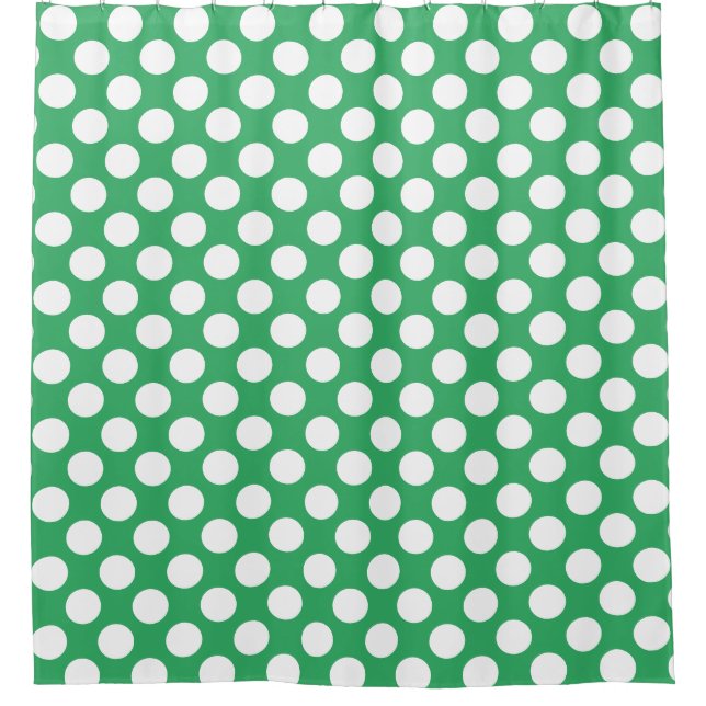 Sea Green: Grosses weißes Polka Dot Pattern Duschvorhang (Vorderseite)