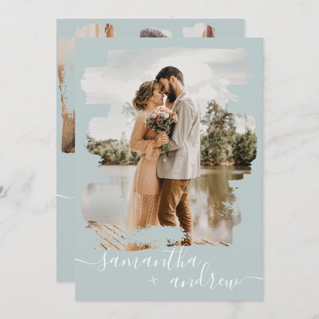 Sea Green Pinselstrich Skript 2 Fotos Hochzeit Einladung (Vorne/Hinten)