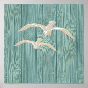 Sea Gull Vintag Aqua Wood Beach Poster