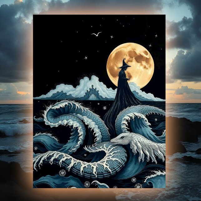 Sea Hexe Mystical Ocean Waves Full Moon & Serpent Postkarte (Sea Witch art postcard: A mysterious figure rises from the waves where a sea serpent dwells.)