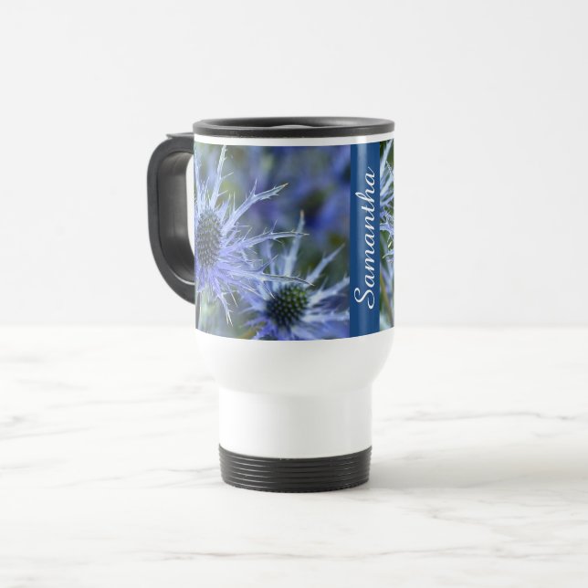 Sea Holly Thistle Personalised Reisebecher (Vorderseite Links)