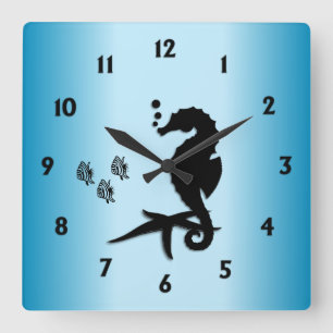 Sea Horse Blue Quadratische Wanduhr