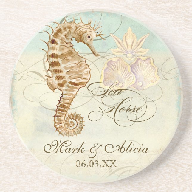 Sea Horse Coastal Beach - Personalisierte Hochzeit Getränkeuntersetzer (Vorne)