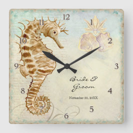 Sea Horse Coastal Beach Personalisierte Hochzeitsg Quadratische Wanduhr