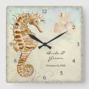 Sea Horse Coastal Beach Personalisierte Hochzeitsg Quadratische Wanduhr