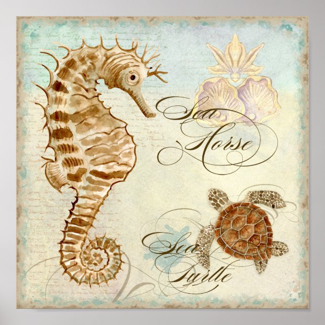 Sea Horse, Sea Turtle Coastal Beach - Fine Art Poster (Vorne)