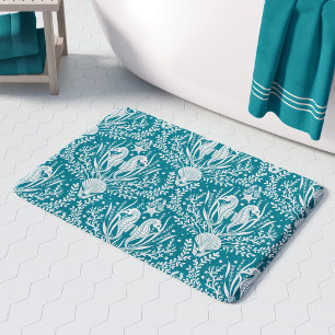Sea Horses Aquamarin Blue White Damask Ocean Patte Badematte