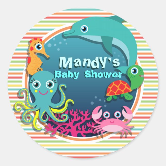 Sea Life Babydusche, helle Regenbogenstreifen Runder Aufkleber (Vorderseite)