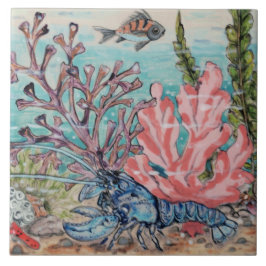 Sea Life Blue Hummer Pink Coral Beach Mural PC#4 Fliese