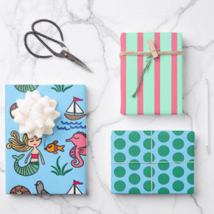 Sea Life Mermaid Seepferd Wrapping Paper Set Geschenkpapier Set