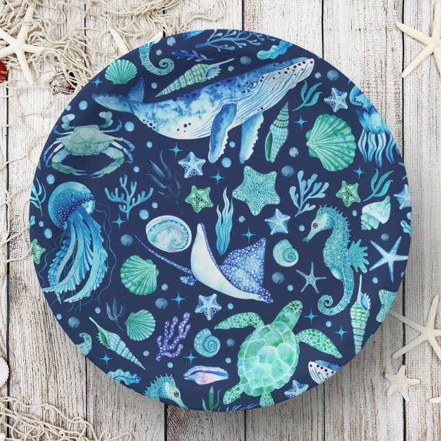 Sea Life Party Aquarell Blauer Ozean Tiere Pappteller (Sea Life Party Watercolor Blue Ocean Animals Paper Plates)