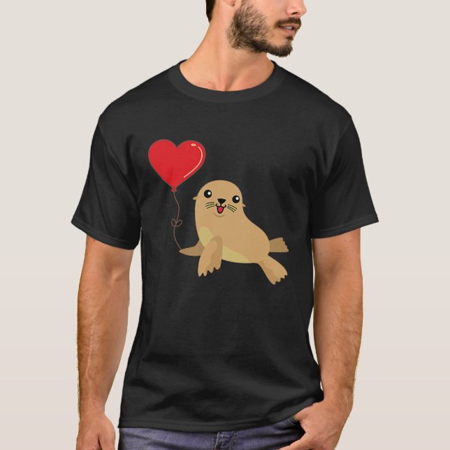 Sea Lion With Heart Balloon Valentines Day Love Bo T-Shirt (Vorderseite)