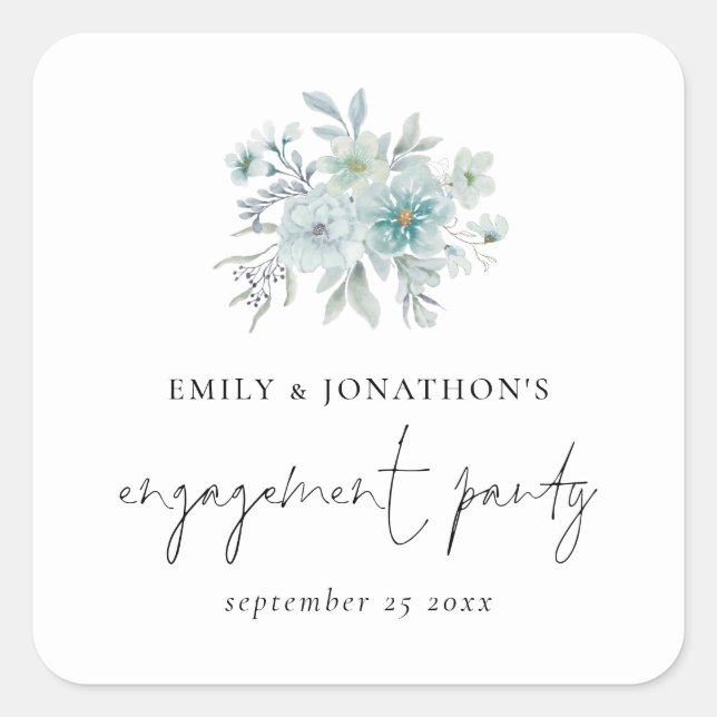 Sea Mist Aquamarin Blue Florals Script Engagement  Quadratischer Aufkleber (Vorderseite)