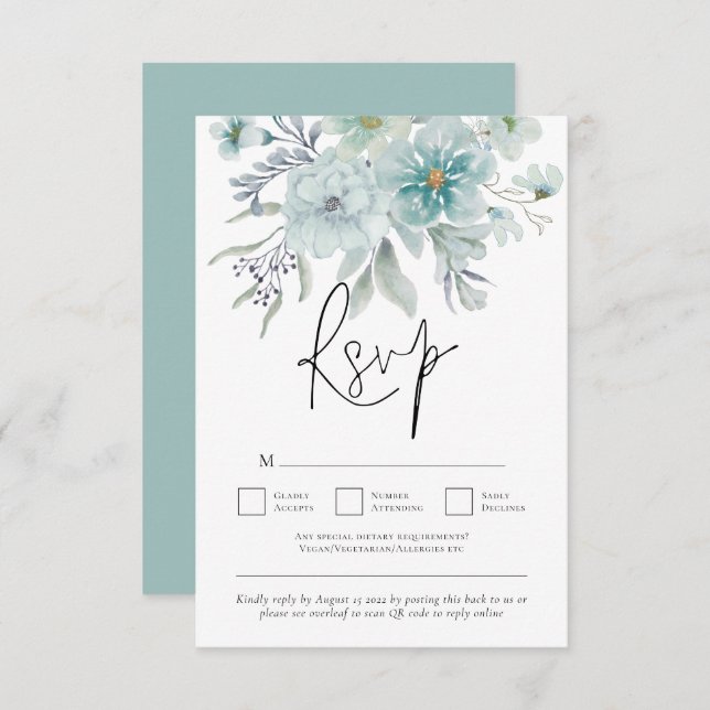 Sea Mist Aquamarin White Florals QR Code Hochzeit RSVP Karte (Vorne/Hinten)