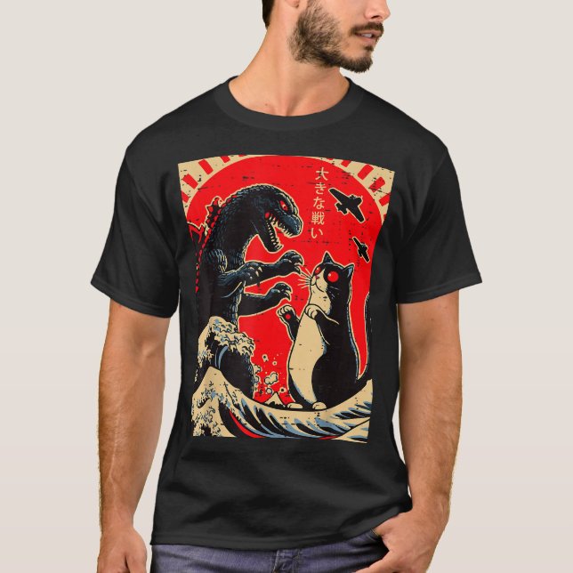 Sea Monster And Cat Fighting Waves Japanese Men Wo T-Shirt (Vorderseite)