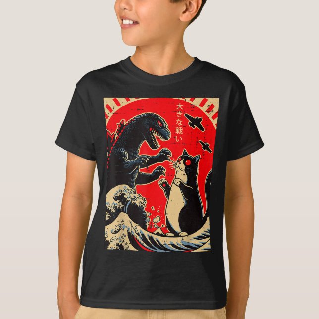 Sea Monster And Cat Fighting Waves Japanese Men Wo T-Shirt (Vorderseite)