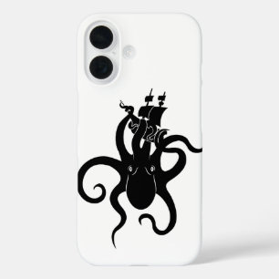 Sea Monster Black and White Kraken with Ship iPhone 16 Hülle