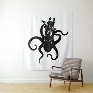 Sea Monster Black and White Kraken with Ship Wandteppich