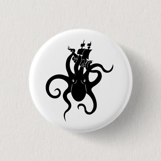 Sea Monster Blue and Black Kraken with Ship Button (Vorderseite)