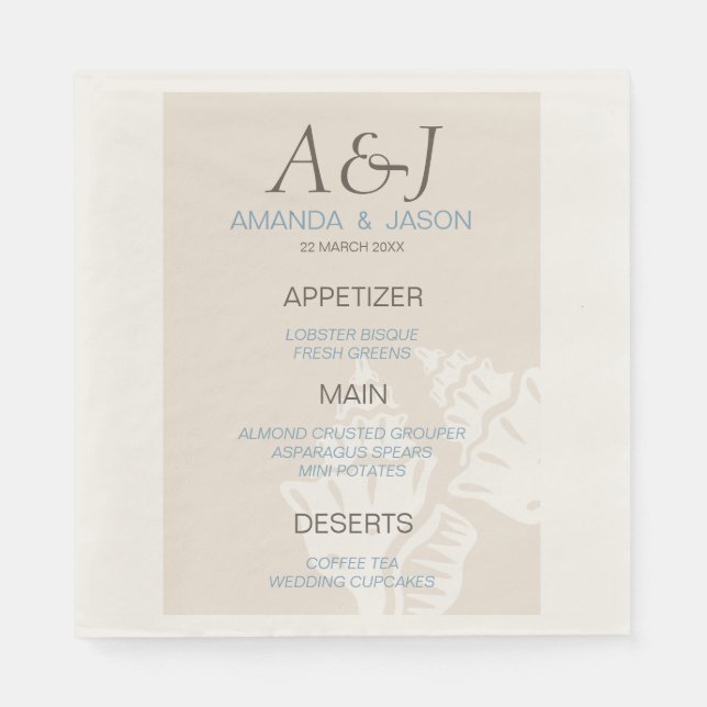 Sea Muschel Menu Beach Wedgepaper Napkins Serviette (Vorderseite)